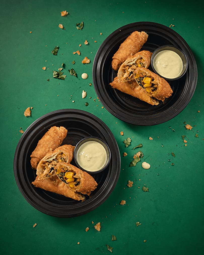 Crispy golden egg rolls with dipping sauce.