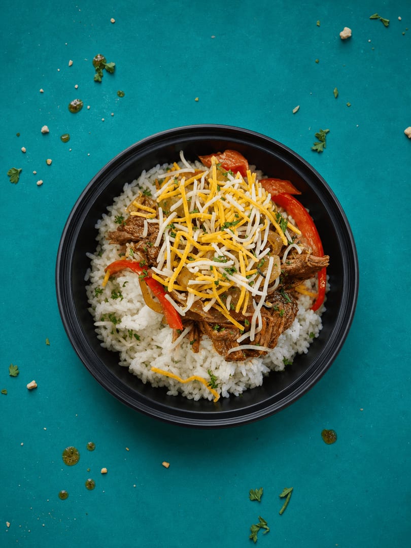 Birria bowl with rich, savory braised beef and fresh toppings.